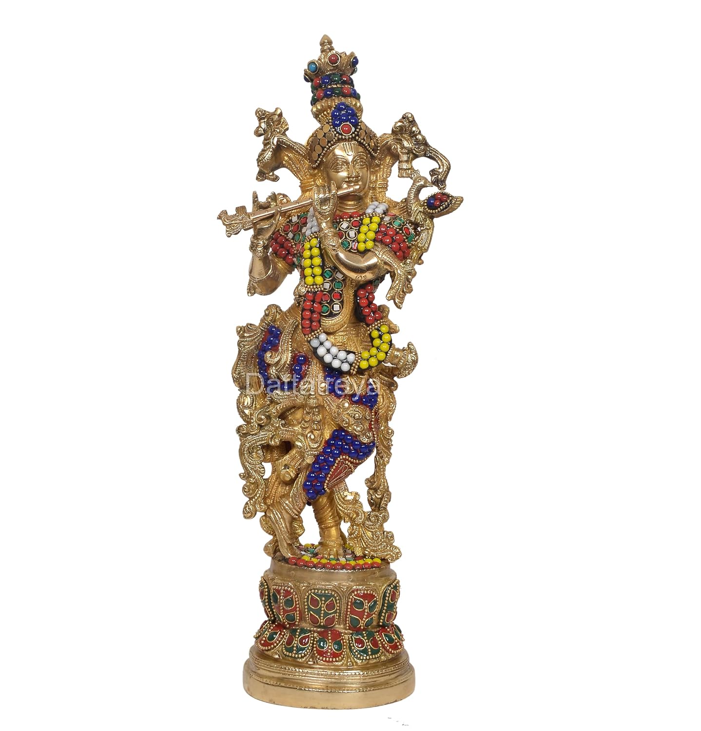 Brass Embellished Krishna Flute Playing Statue-ArtyCraftz.com
