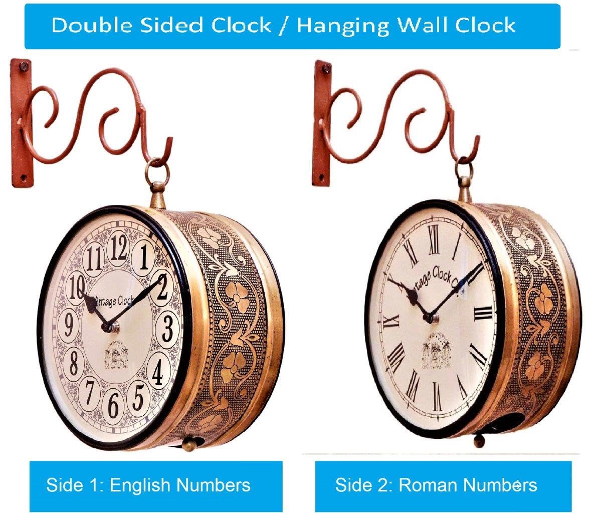 Brass Finish Metal Handcrafted One Side English Other Side Roman Number Railway Station Clock