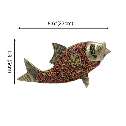 Decorative fish figurine with red and gold patterns, shown with measurements on a white background.