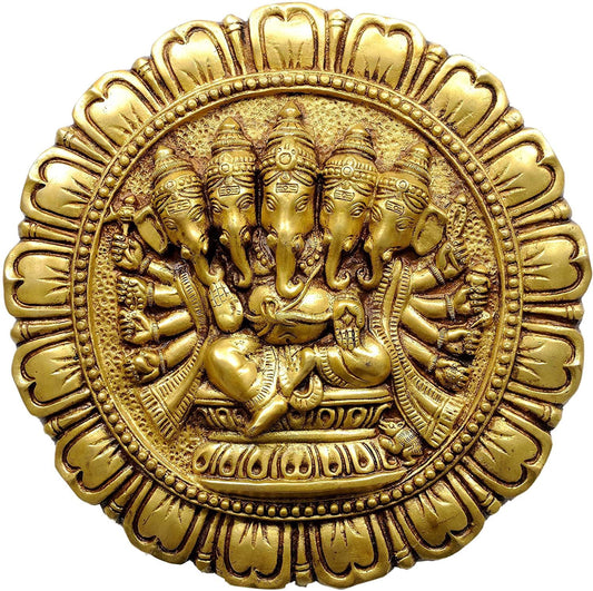 Brass Five-Headed Ganesha Ganesh Murti Idol Statue Wall Hanging Plate Height 11.5 Inches - ArtyCraftz.com