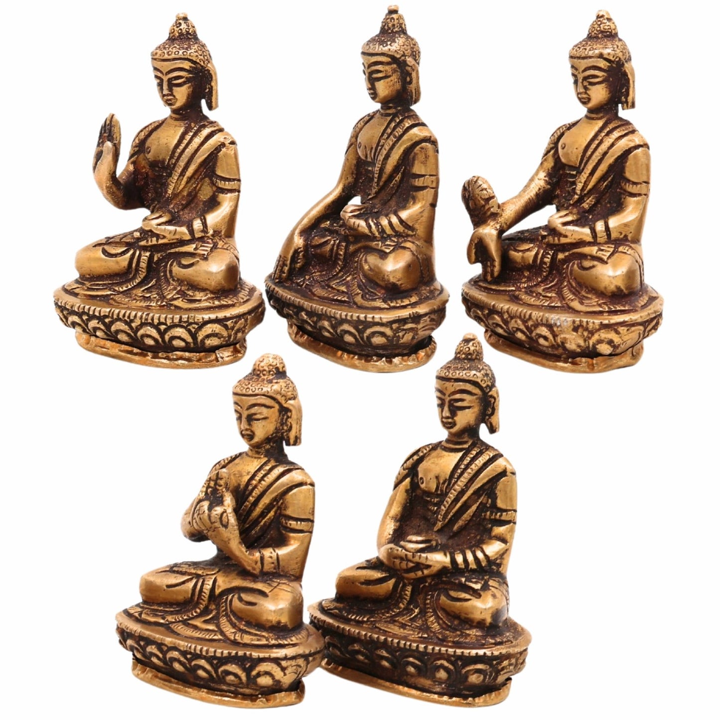 Brass Five Meditating Buddhas Idols-ArtyCraftz.com