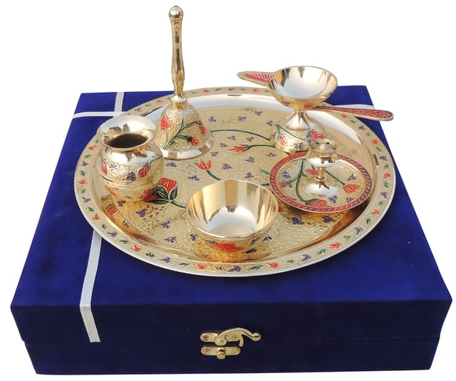 Brass Floral Embossed Pooja Thali Set with Velvet Gift Box-ArtyCraftz.com