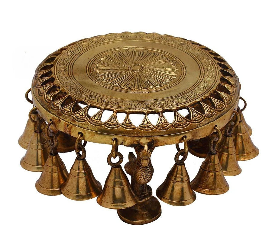 Brass Flower Design Antique Circular Chowki with Bells