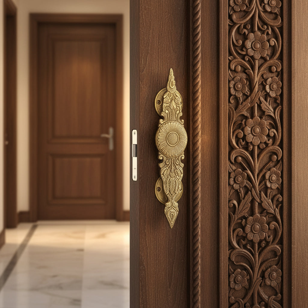 Brass Flower Engraved Door Handle Set of 2  Decorative Door Hardware-artycraftz.com