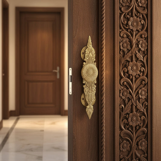 Brass Flower Engraved Door Handle Set of 2  Decorative Door Hardware-artycraftz.com