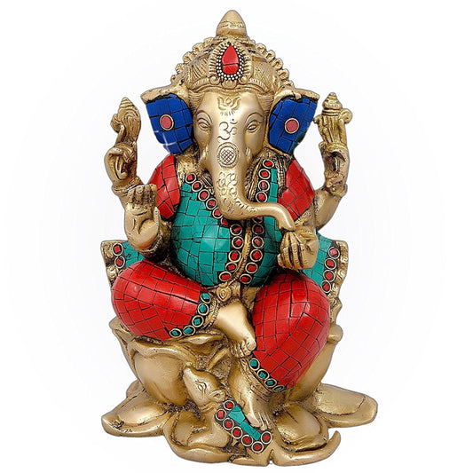 Brass Ganesh Murti Idol Statue Sitting Lotus Statue Home Decor Gifting Height 9.5 inches - ArtyCraftz.com