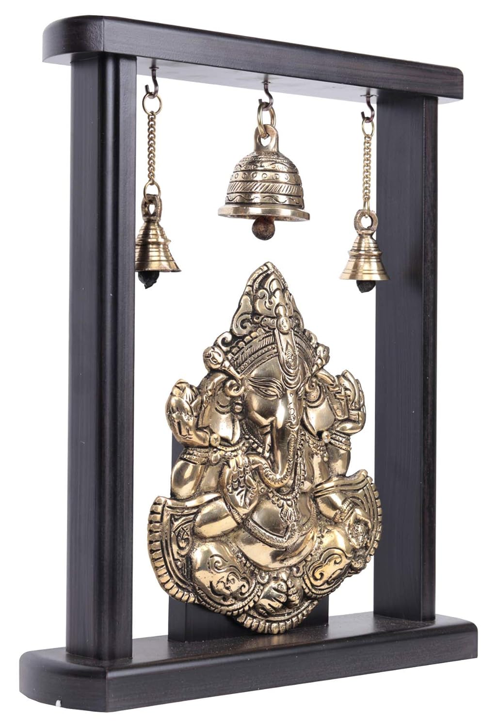 Brass Ganesh Statue with Bells in Wooden Frame