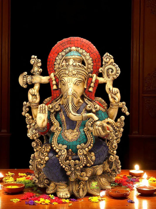 Brass Ganesh in Turquoise Coral Stone Finish Statue-ArtyCraftz.com