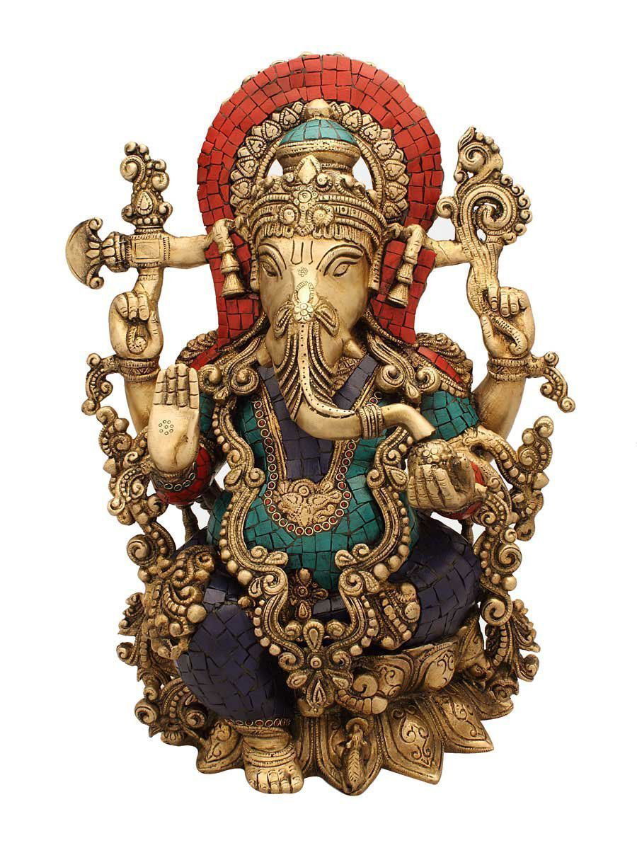 Brass Ganesh in Turquoise Coral Stone Finish Statue- ArtyCraftz.com