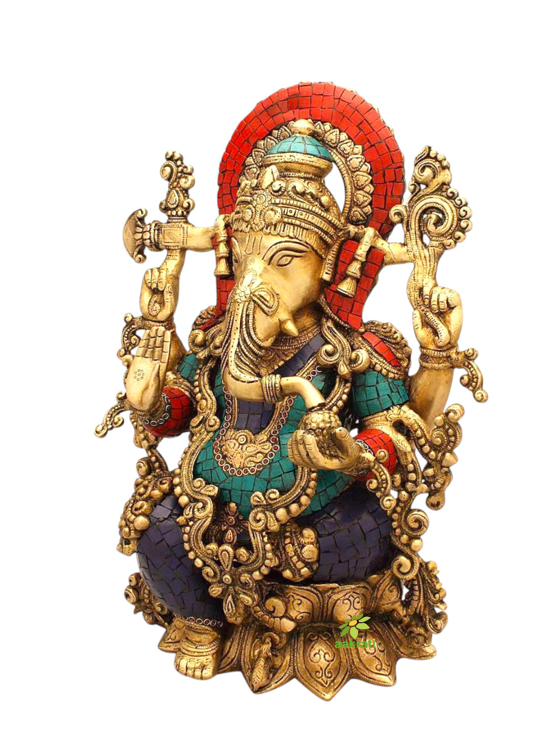 Brass Ganesh in Turquoise Coral Stone Finish Statue-ArtyCraftz.com