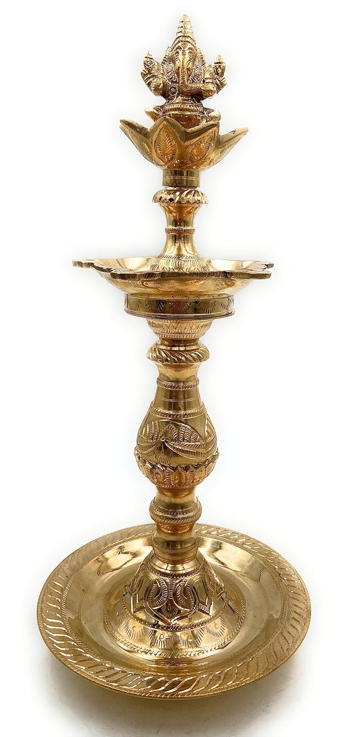 Brass Ganesh on Lotus 5-Wick Kuthuvilakku-ArtyCraftz.com