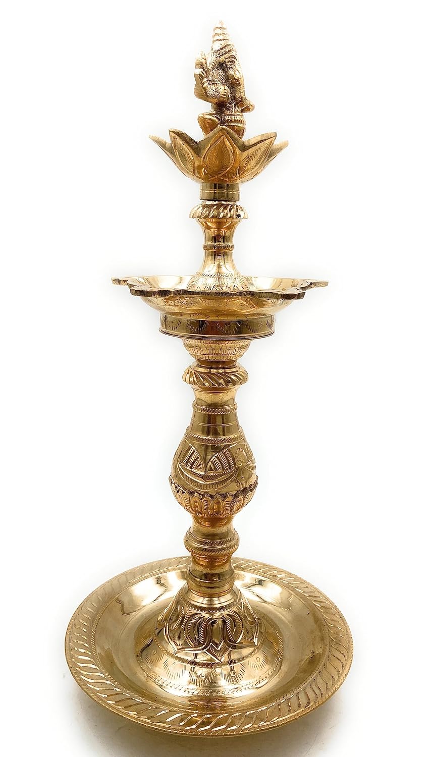 Brass Ganesh on Lotus 5-Wick Kuthuvilakku-ArtyCraftz.com