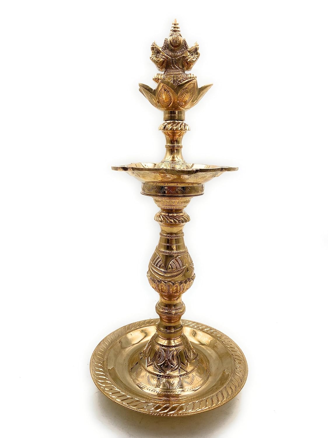 Brass Ganesh on Lotus 5-Wick Kuthuvilakku-ArtyCraftz.com