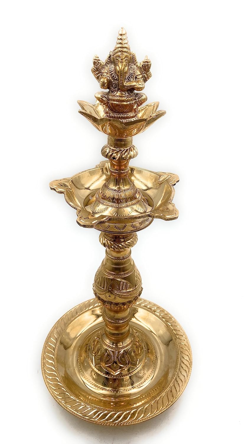 Brass Ganesh on Lotus 5-Wick Kuthuvilakku-ArtyCraftz.com