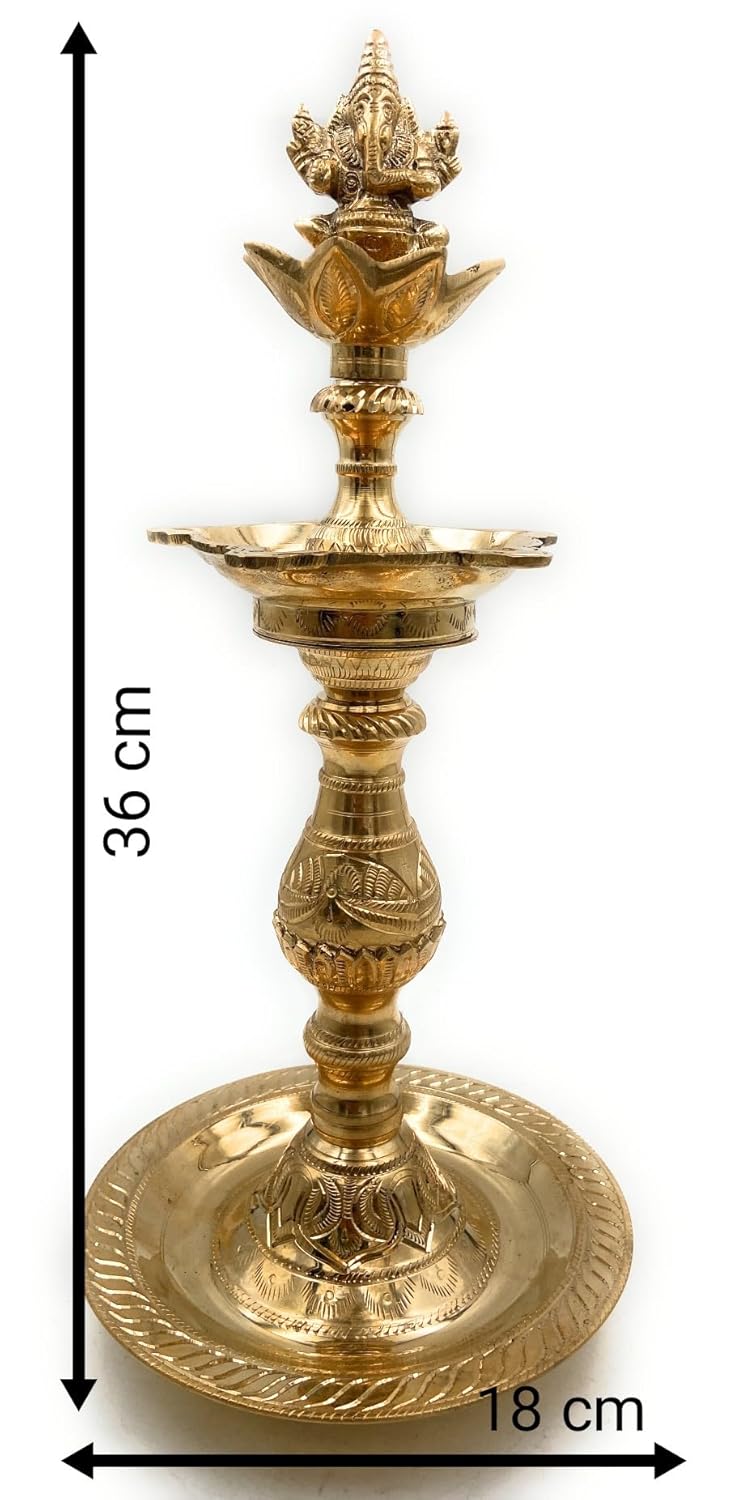 Brass Ganesh on Lotus 5-Wick Kuthuvilakku-ArtyCraftz.com