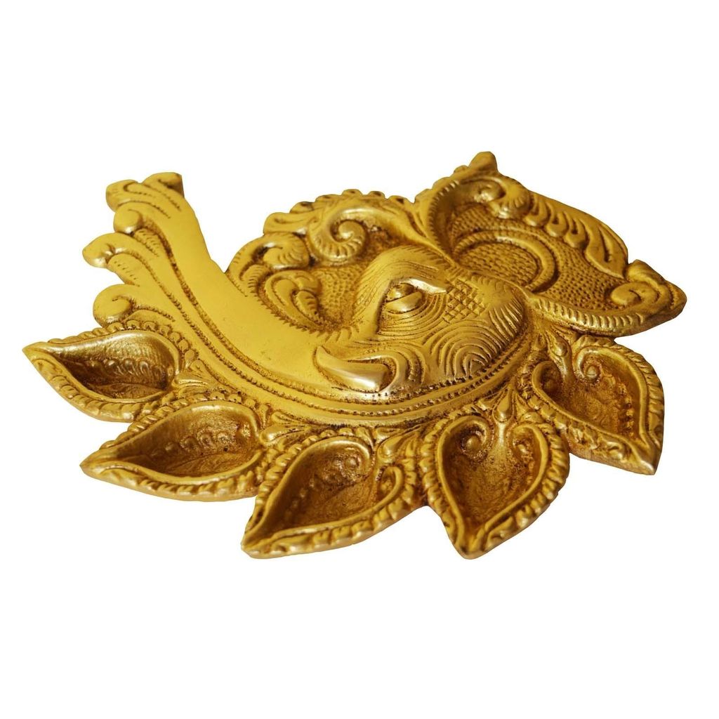 Brass Ganesha Diya with Lotus Design – Traditional Pooja Oil Lamp, 8 x 1 x 7 Inch-ArtyCraftz.com