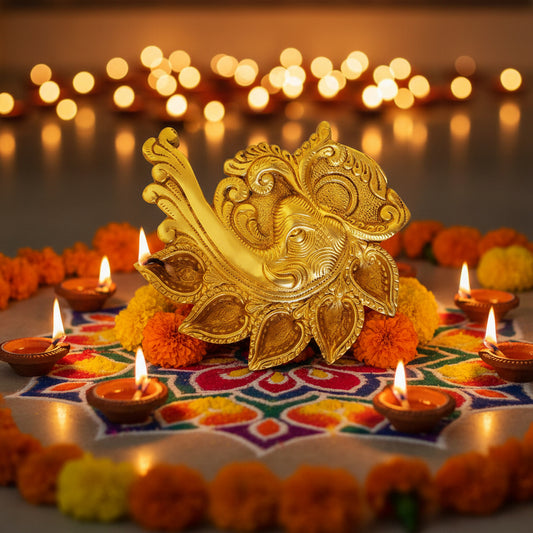 Brass Ganesha Diya with Lotus Design – Traditional Pooja Oil Lamp, 8 x 1 x 7 Inch-ArtyCraftz.com
