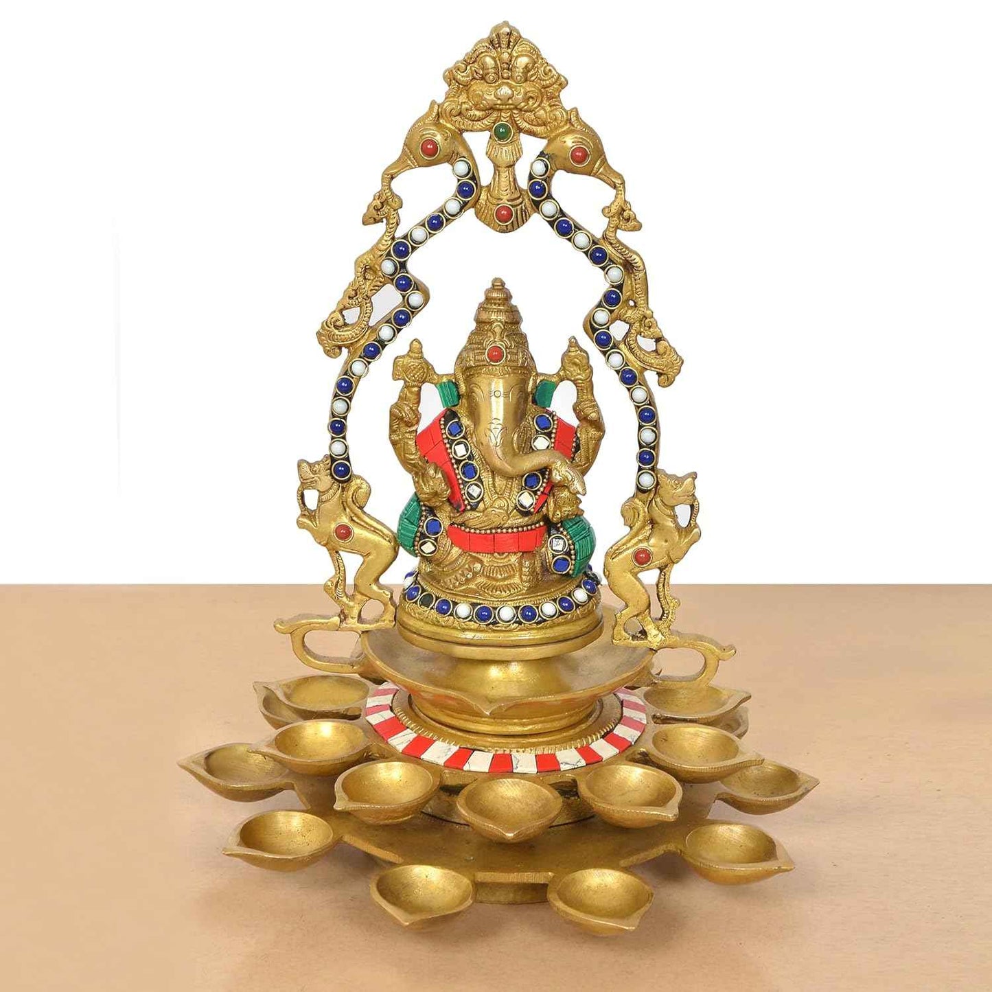 Brass Ganesha Diya with Prabhavali Arch – Decorative Multi-Wick Oil Lamp (12 Inch)
