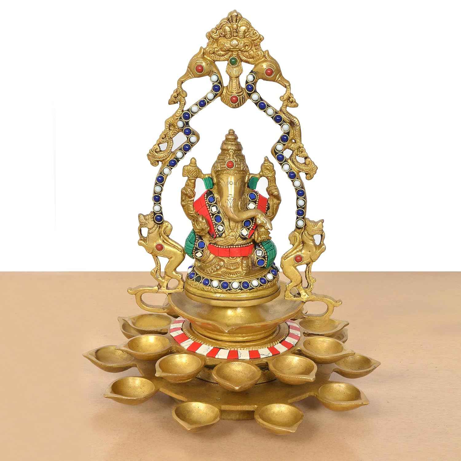 Brass Ganesha Diya with Prabhavali Arch – Decorative Multi-Wick Oil Lamp (12 Inch)