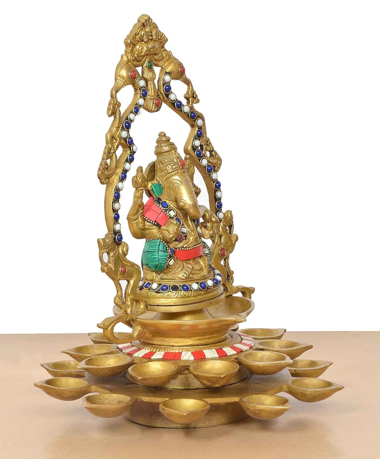 Brass Ganesha Diya with Prabhavali Arch – Decorative Multi-Wick Oil Lamp (12 Inch)