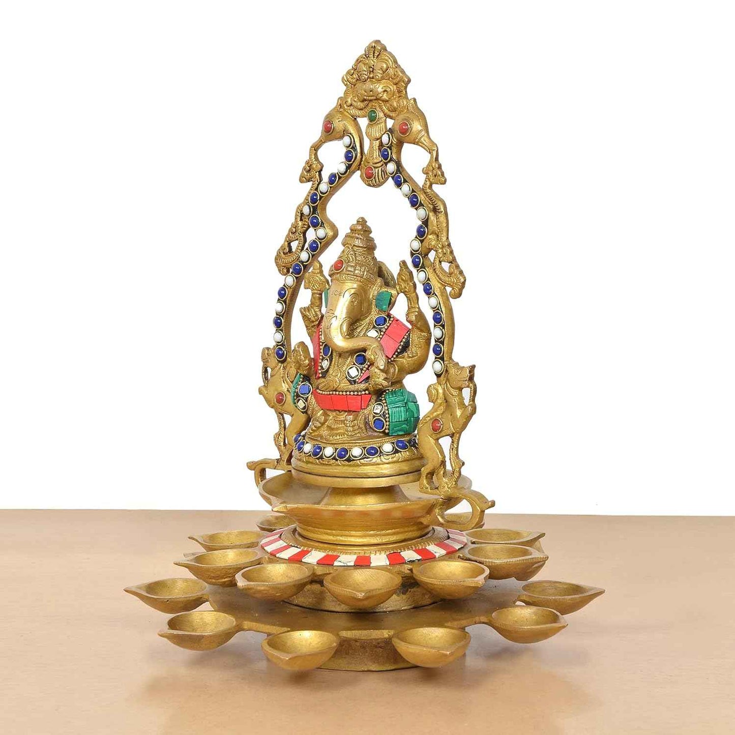 Brass Ganesha Diya with Prabhavali Arch – Decorative Multi-Wick Oil Lamp (12 Inch)
