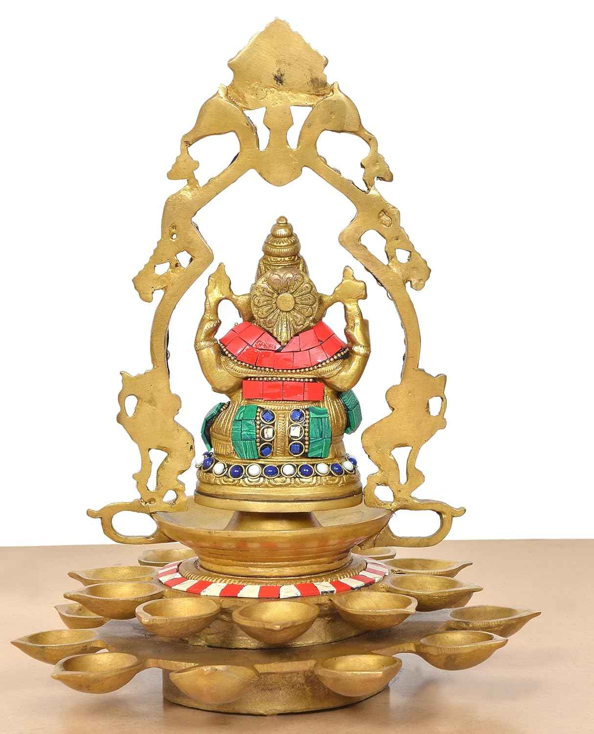 Brass Ganesha Diya with Prabhavali Arch – Decorative Multi-Wick Oil Lamp (12 Inch)