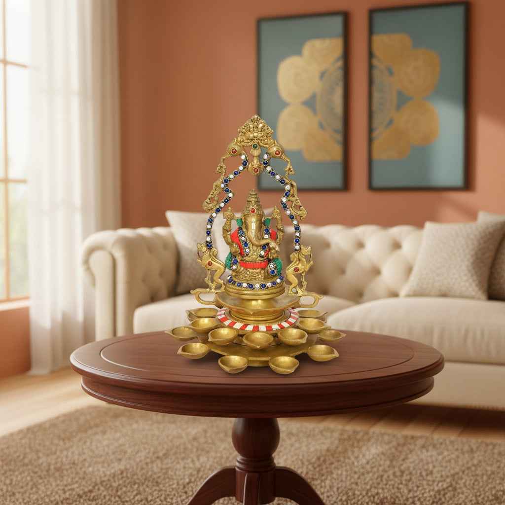 Brass Ganesha Diya with Prabhavali Arch – Decorative Multi-Wick Oil Lamp (12 Inch)