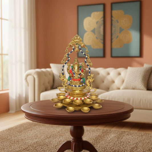 Brass Ganesha Diya with Prabhavali Arch-ArtyCraftz.com