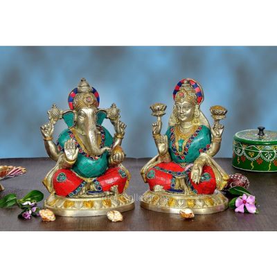 Brass Ganesha Lakshmi Inlay Work Statue