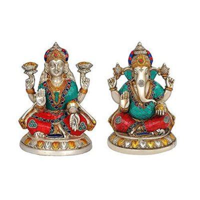 Brass Ganesha Lakshmi Inlay Work Statue