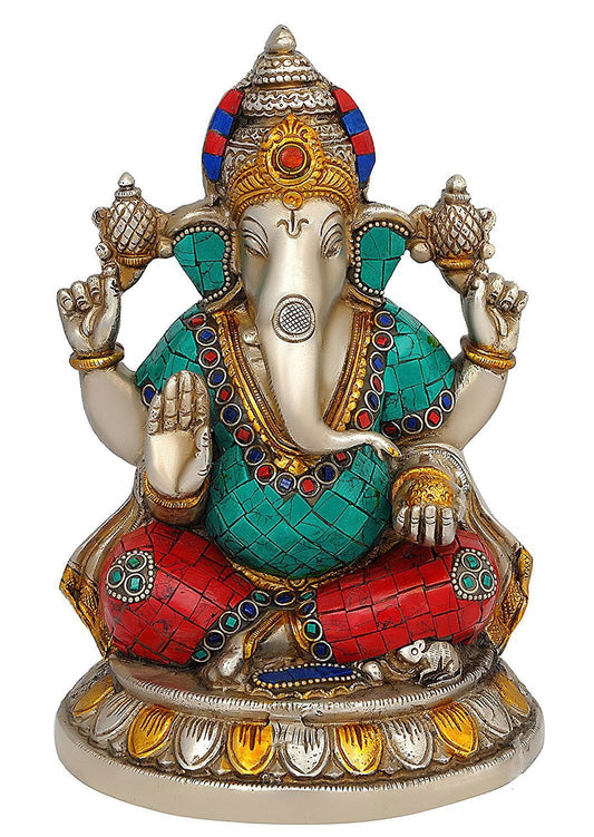 Brass Ganesha Sitting on Lotus Statue, Height 8 inches - ArtyCraftz.com