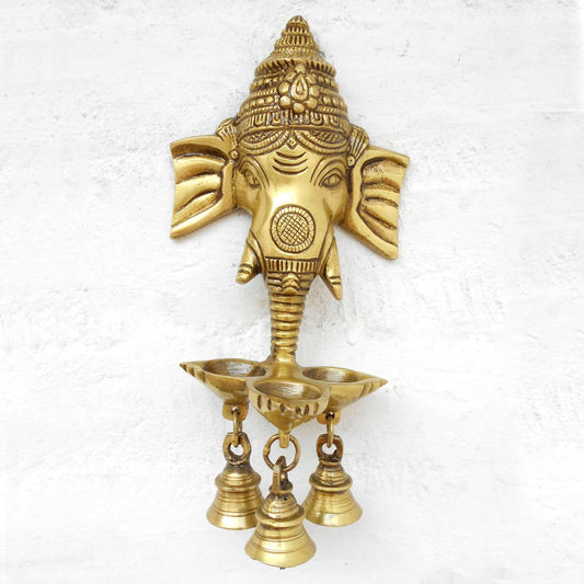 Brass Ganesha Wall hanging with 3 Wicks Lamp and Bell
