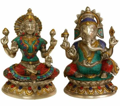 Brass Ganesha and Lakshmi with Jewellery, Height 10" - ArtyCraftz.com