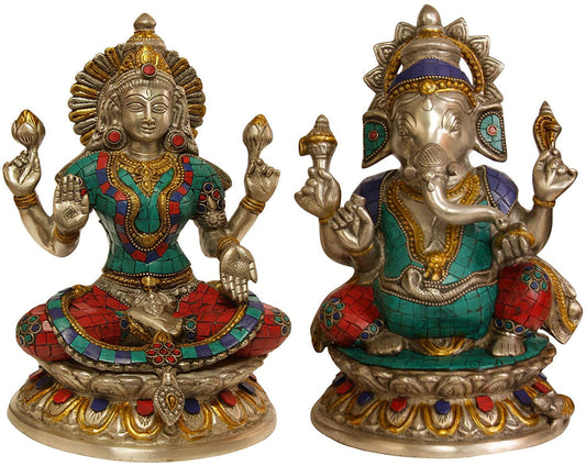Brass Ganesha and Lakshmi with Jewellery, Height 10" - ArtyCraftz.com
