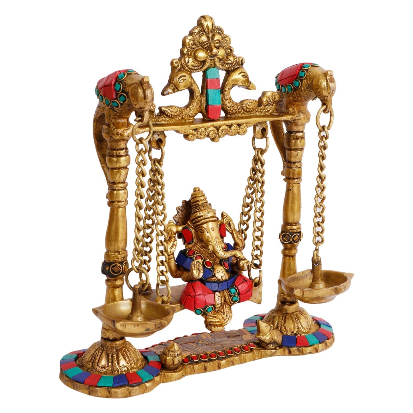 Brass Ganesha on Swing Statue Idol Murti, Height 9 Inch