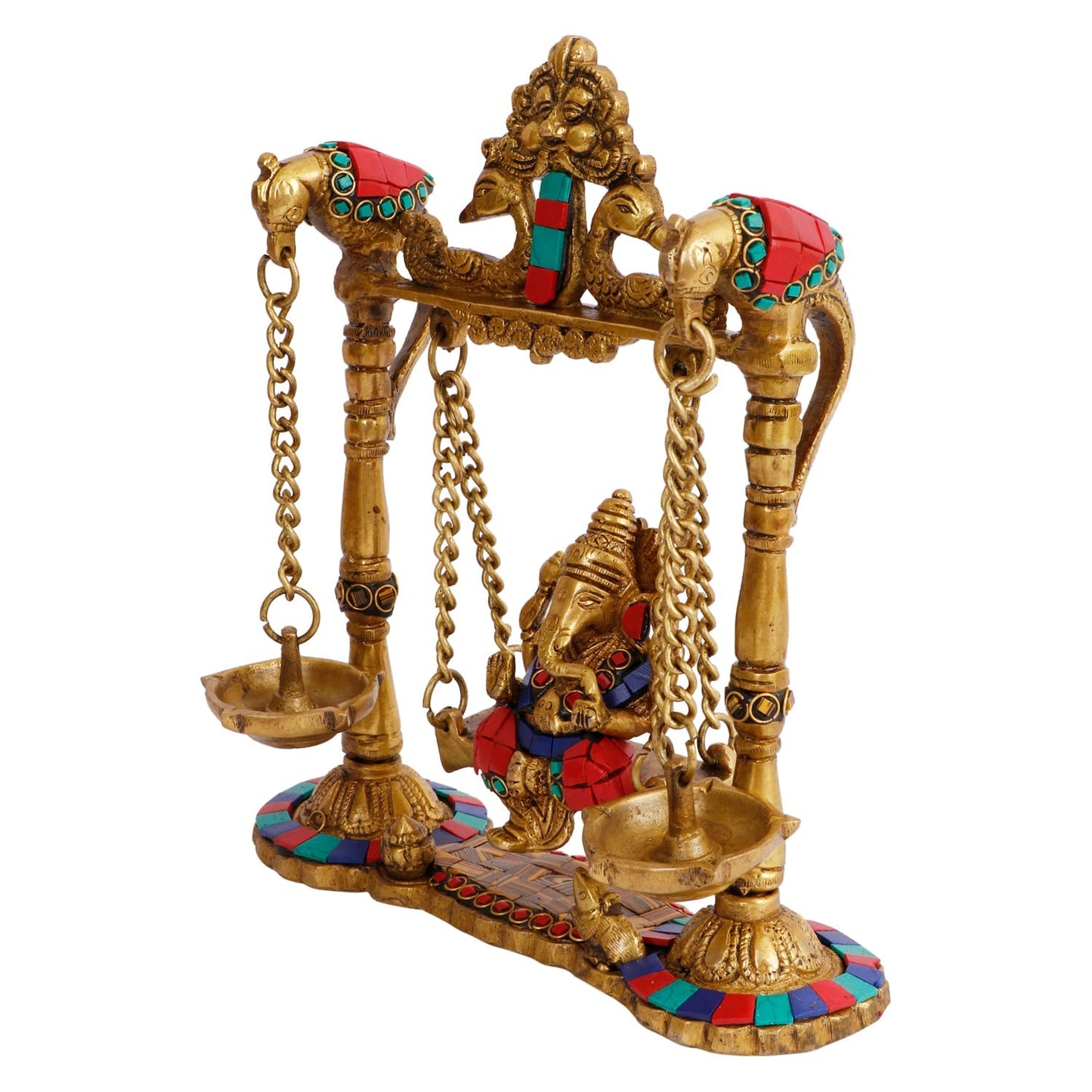 Brass Ganesha on Swing Statue Idol Murti, Height 9 Inch