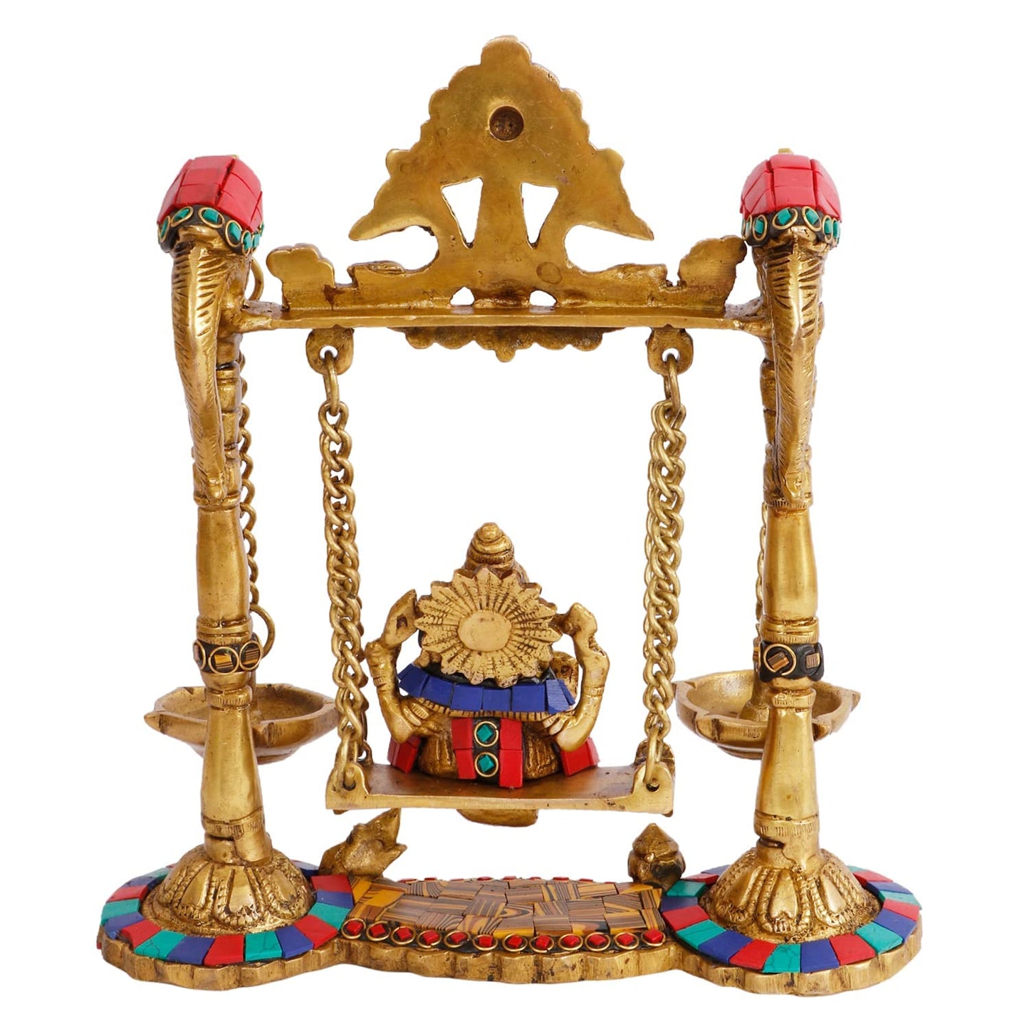 Brass Ganesha on Swing Statue Idol Murti, Height 9 Inch