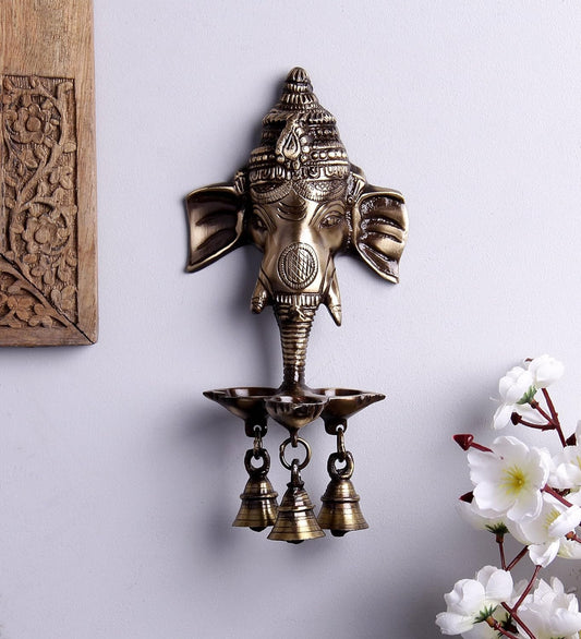 Brass Gansha Wall Hanging Puja Idol with Diyas and Bells 9.5 inch