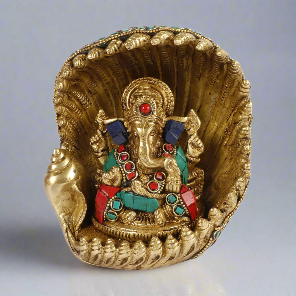 Brass Gemstone Work Ganesha in Oyster Shell Statue-ArtyCraftz.com
