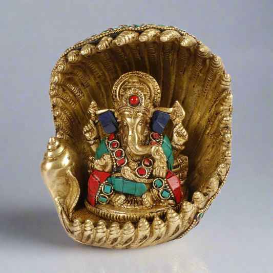 Brass Gemstone Work Ganesha in Oyster Shell Statue-ArtyCraftz.com