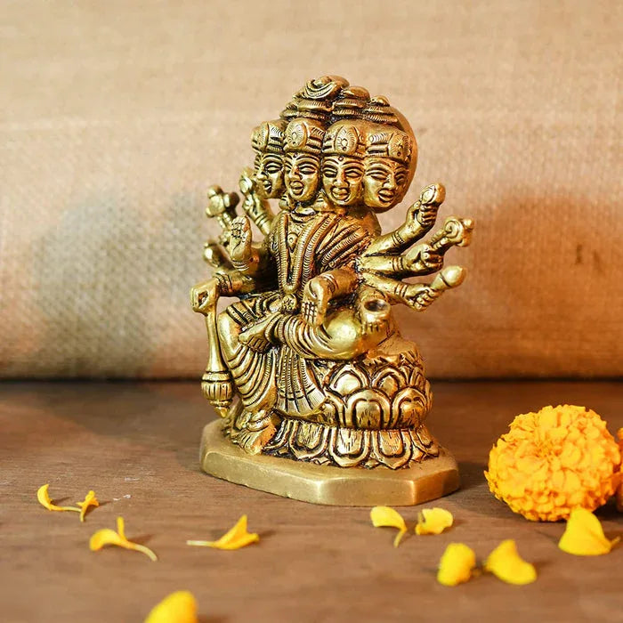 Brass Goddess Gayatri Maa Sitting on Lotus Idol Side View