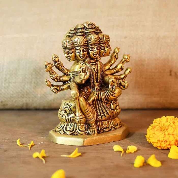 Brass Goddess Gayatri Maa Sitting on Lotus Idol Cross View