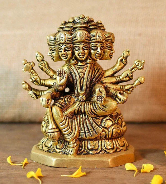 Brass Goddess Gayatri Mata Sitting on Lotus Idol, Gold