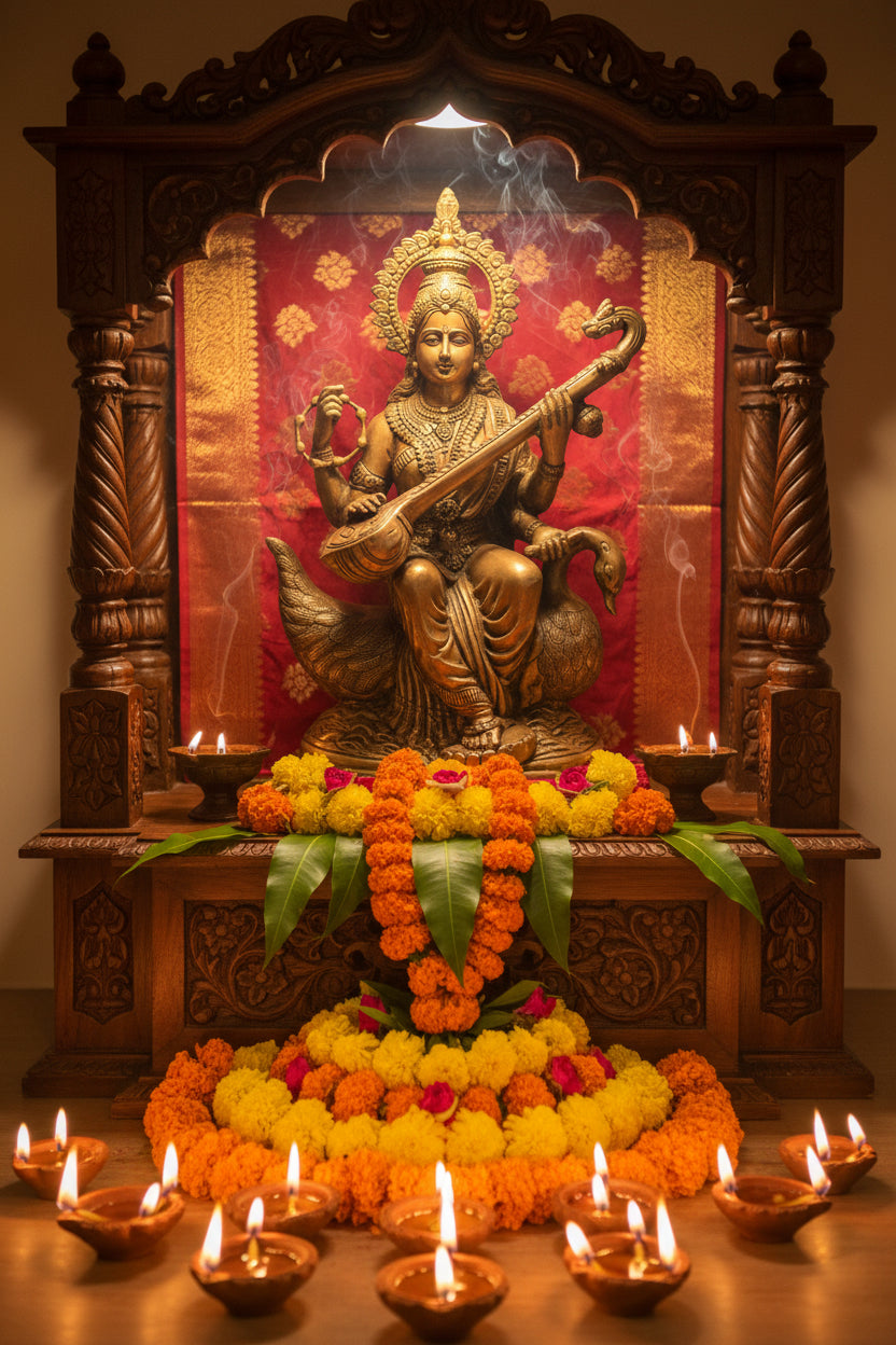Brass Goddess Saraswati with Veena Siting on Swan Statue-ArtyCraftz.com
