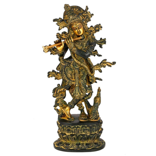 Brass Green Black Colored Krishna With Flute Idol