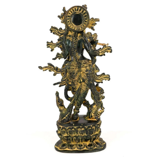 Brass Green Black Colored Krishna With Flute Idol
