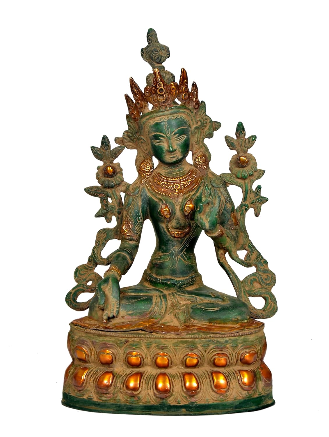 Brass Green Tara seated statue with antique green and gold finish and intricate decorative pedestal, 34 cm tall-artycraftz.com