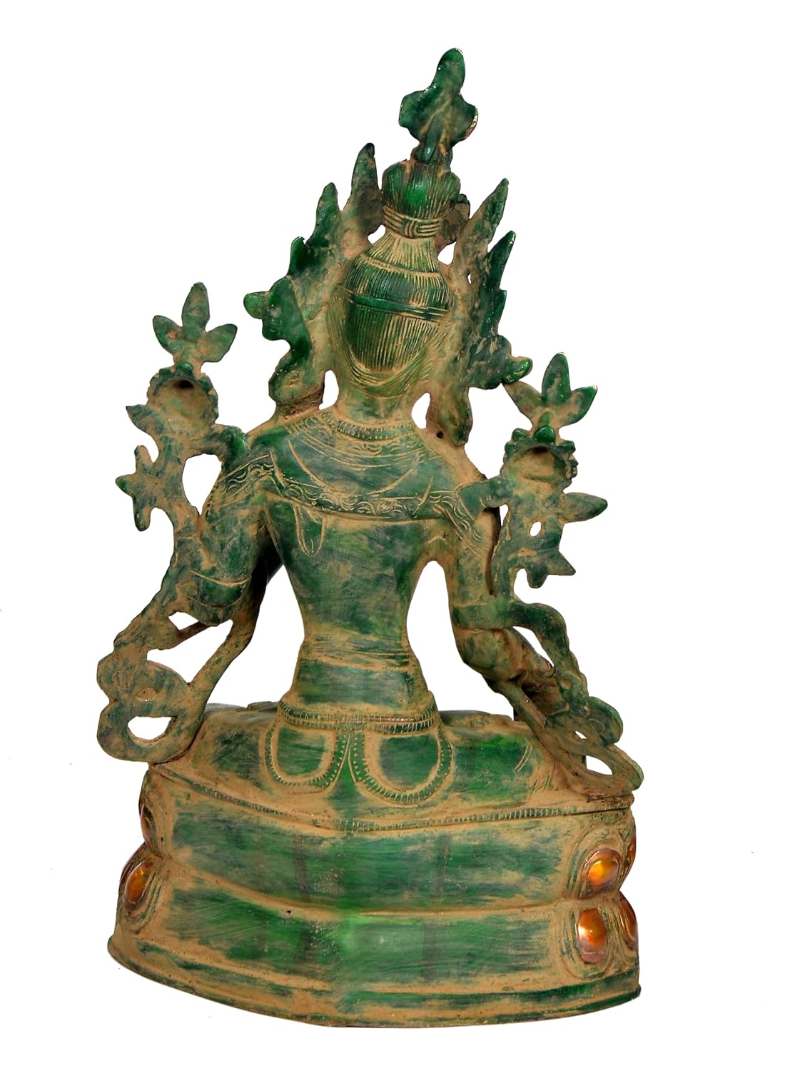 Brass Green Tara seated statue with antique green and gold finish and intricate decorative pedestal, 34 cm tall-artycraftz.com