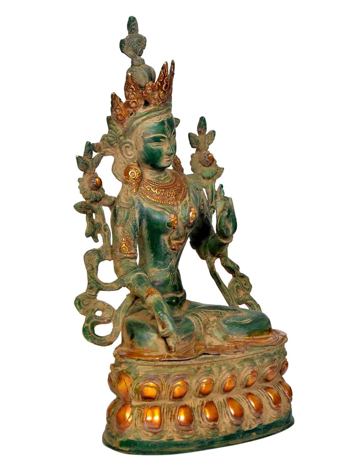 Brass Green Tara seated statue with antique green and gold finish and intricate decorative pedestal, 34 cm tall-artycraftz.com