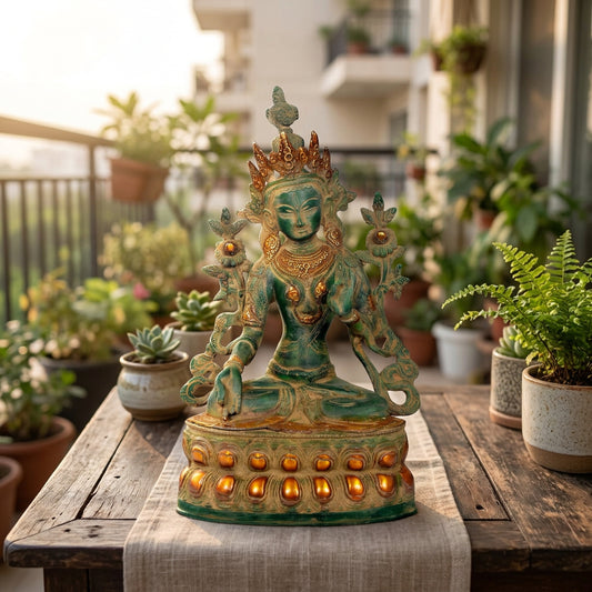 Brass Green Tara seated statue with antique green and gold finish and intricate decorative pedestal, 34 cm tall-artycraftz.com